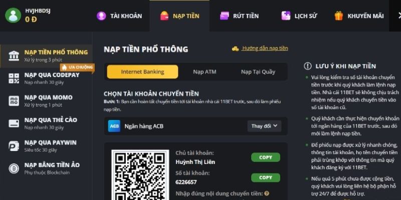 Phương thức nạp tiền 11BET phổ biến